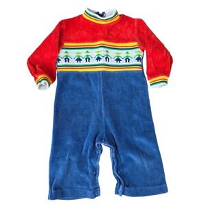 Vintage Baby Gro Kids Red Blue Velour Romper Rainbow People Knit 12M Jumpsuit